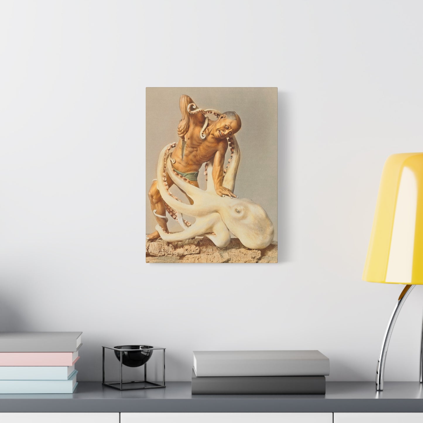 Fighting with an Octopus: Print of a Wood Carving. "A 'Pus In Da Pot: Round 2"